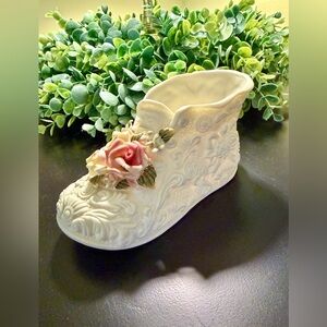 CORNERSTONE CREATIONS, PORCELAIN BABY BOOTIE PLANTER. UNIQUE EMBOSSED DESIGN.